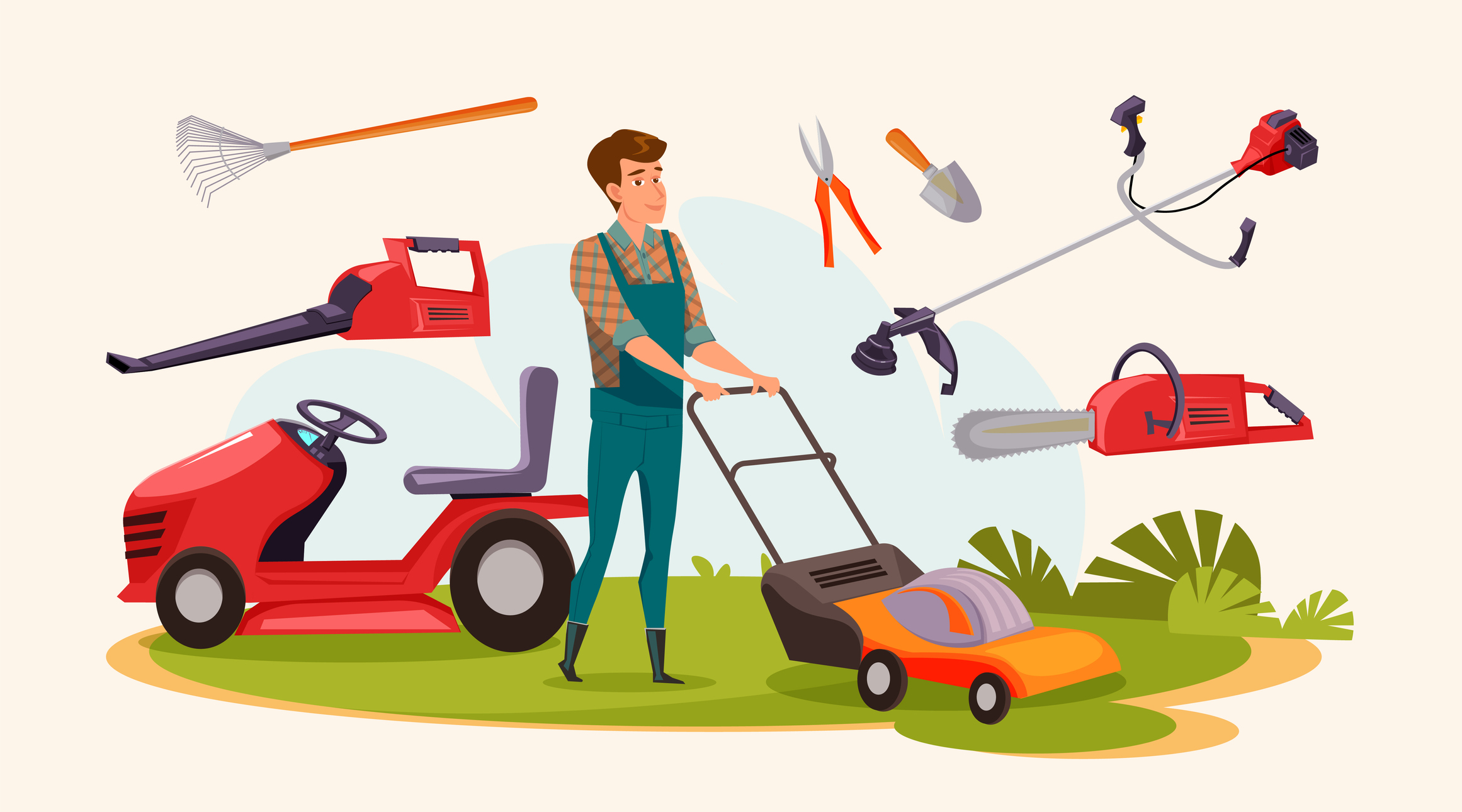 Various lawn mowing, grass trimming machines. Chainsaw, leaf blower, rake, secateurs and scoop